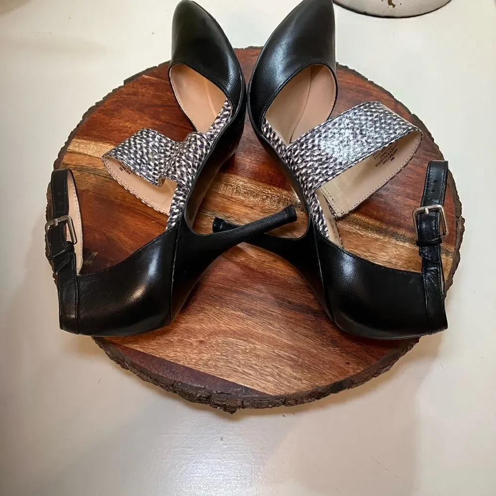 NINE WEST 9 BRYTANI Leather Black Mob Wife Animal Print Dress Pump Heels